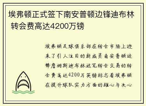 埃弗顿正式签下南安普顿边锋迪布林 转会费高达4200万镑